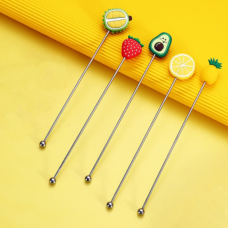 Silicone Fruit Head Stainless Steel Stirring Rod Long Handle Cocktail Drinks Mixing Sticks Mixer Barware Muddler Bar Accessories