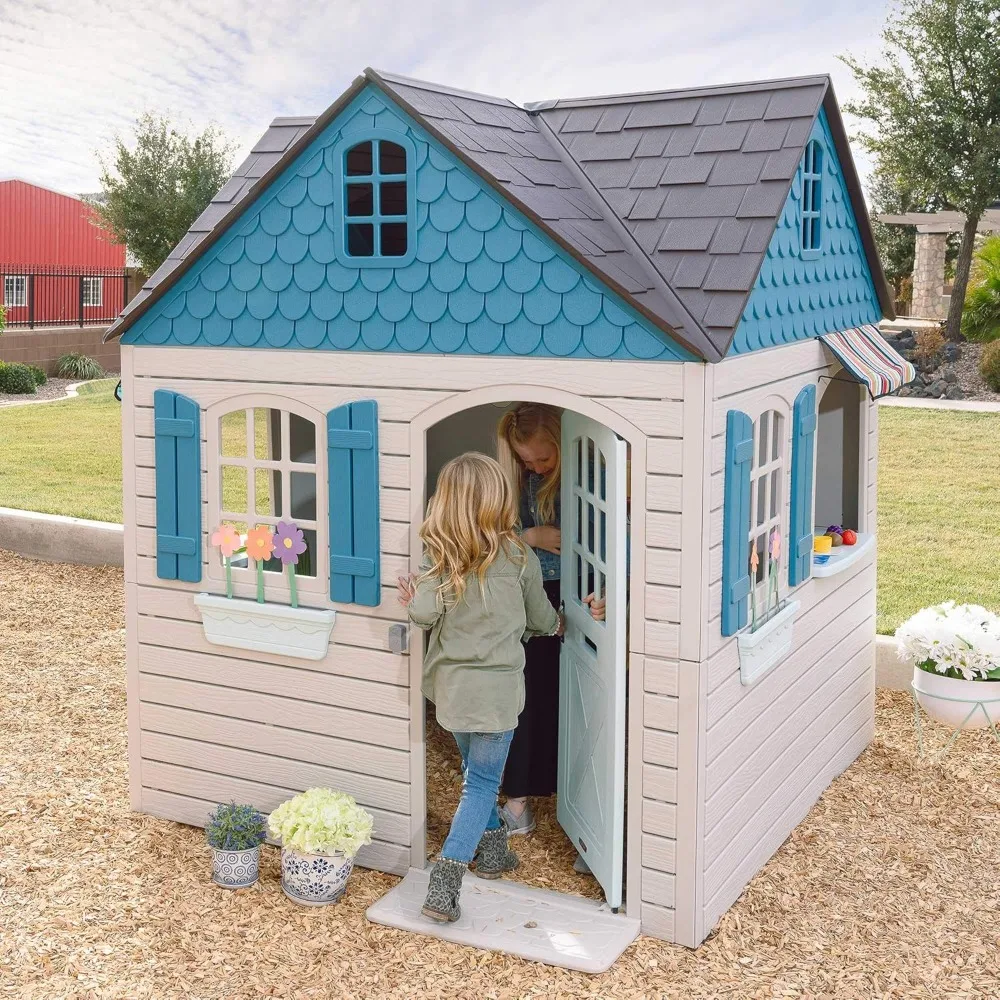 Heavy Duty Plastic Outdoor Playhouse,6ftx6ftx7 ft Tall,Beige & Blue Multipurpose Theater Suitable for courtyards, free shipping 2