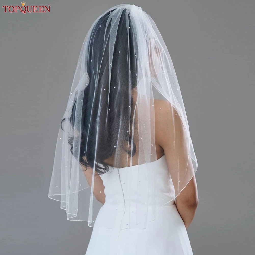 Short Bridal Veils Pearls Beaded Wedding Veil For Bachelorette Party Pencil Edge Elbow Length Veil 1 Tier Novio V06