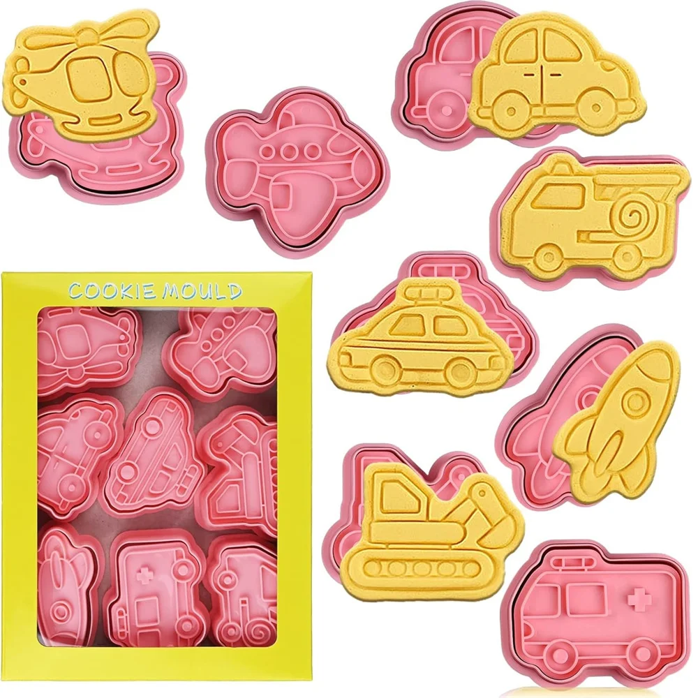 3D Cookie Cutter Stamps Airplane Car Vehicle Cartoon Pressable Stamp Cookie Molds Candy Baking Pastry Tools Baking Molds 8Pcs