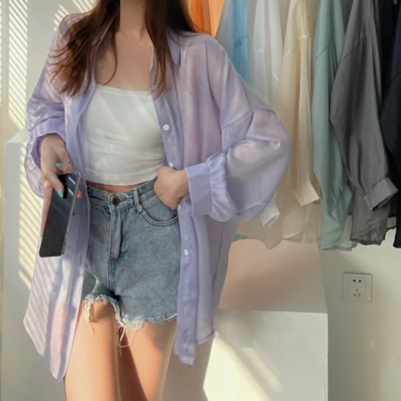 여성용 셔츠 긴팔 상의 블라우스, 여성용 쉬폰 루즈 가디건, 얇고 섹시한 단색 캐주얼 셔츠, 겉옷, 여름