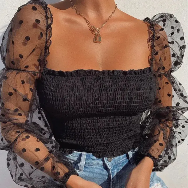 Blusa cómoda y transpirable de manga larga con lunares de malla puffy de mujer
