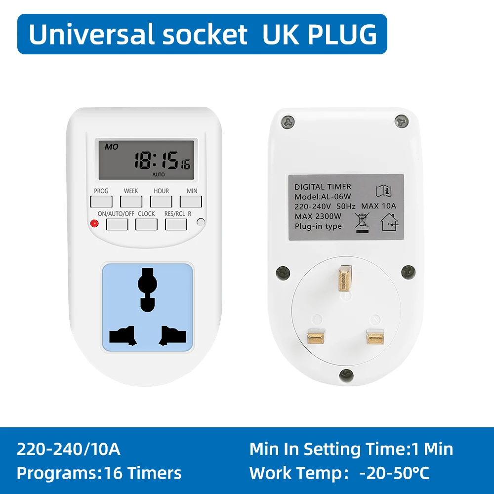 שקע טיימר דיגיטלי אלקטרוני 12/24 שעות שבועי תכנותי עם שקע EU UK US לשליטה בזמן במכשירי מטבח