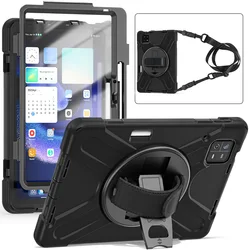 360° Rotatable Kickstand Rugged Protective Tablet Case with Built-in Screen Protector and Hand Strap, 11-Inch for Eleven (Black)