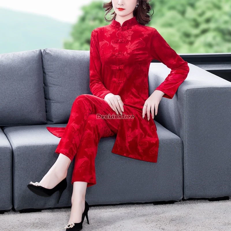autumn winter new chinese retro style velvet tang suit set stand collar blouse long trousers cheongsam two-piece set b133