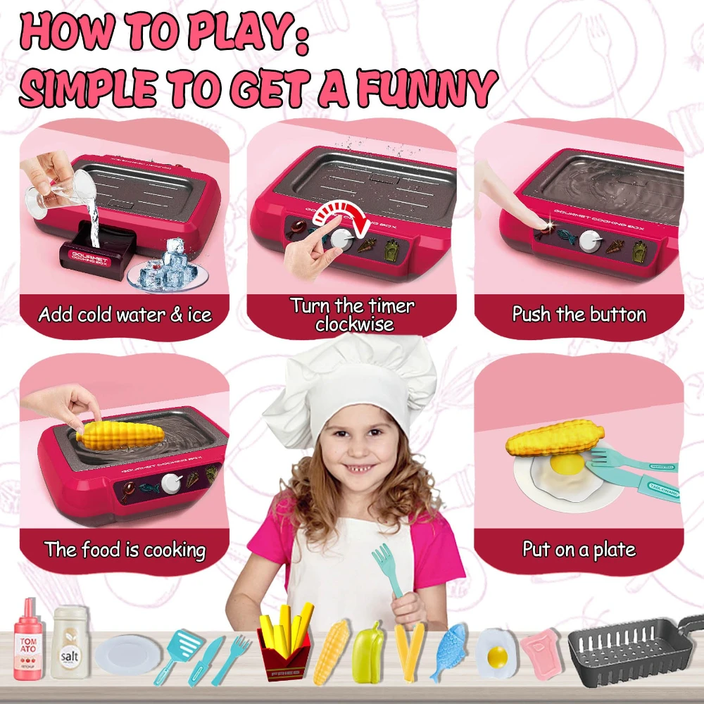 WizKidz Kids Play Kitchen Accessories Toy Set Gift with Sound & Light Color Changing Play Food Fryer Toy Kitchen for Boy & Girl 4