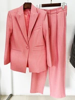 HIGH STREET Newest 2026 Designer Suit Set Women's Single Button Striped Diamonds Blazer Pants Suit 2PCS - Image 3