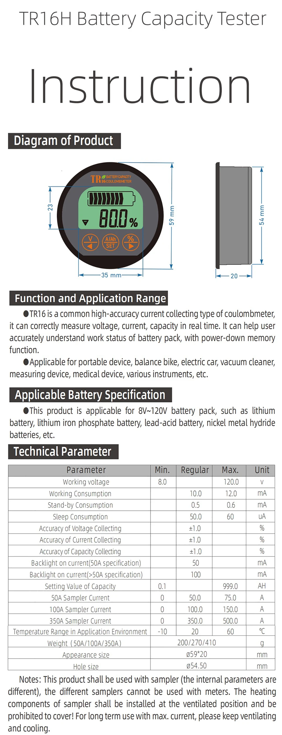 TR16 battery monitor 50A 100A and 350A current options
