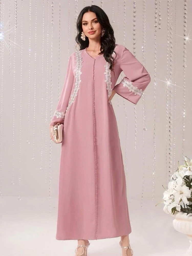 

Eid Muslim Women Loose Dress Morocco Party Dresses Ramadan Abayas V Neck Lace Caftan Kaftan Elegant Vestidos Dubai Arab Turkey