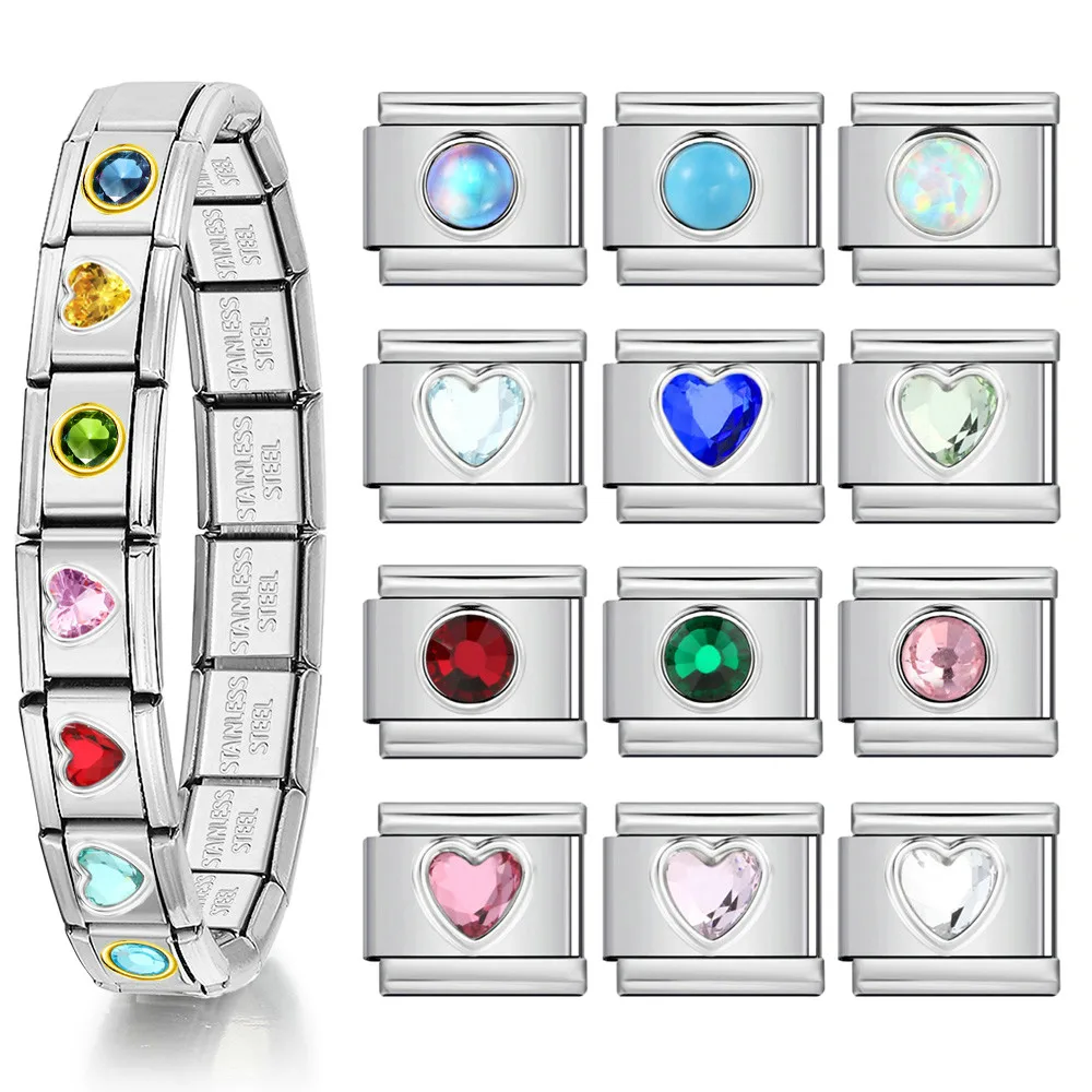 1pc Elastische Kette Edelstahl Charms Italienischen Link Fit 9mm Mode Runde Herzen Bunte Zirkonia Schmuck Machen Armband DIY – Detail 1