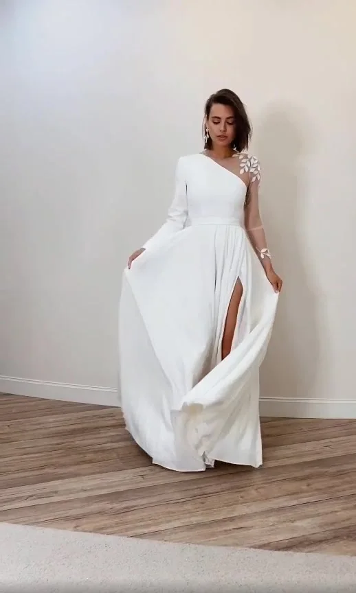 Asymmetrical Side Slit Wedding Dress Long Sleeve Civil Bridal Gown Party  For Bride Button Applique Floor Length Свадебное платье