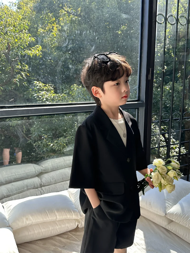 High Quality Boys' Blazer Suit Set Summer New Thin Casual  Baby Boy Single Breasted Korean Black Short Sleeve Coat+ Shorts 2pcs