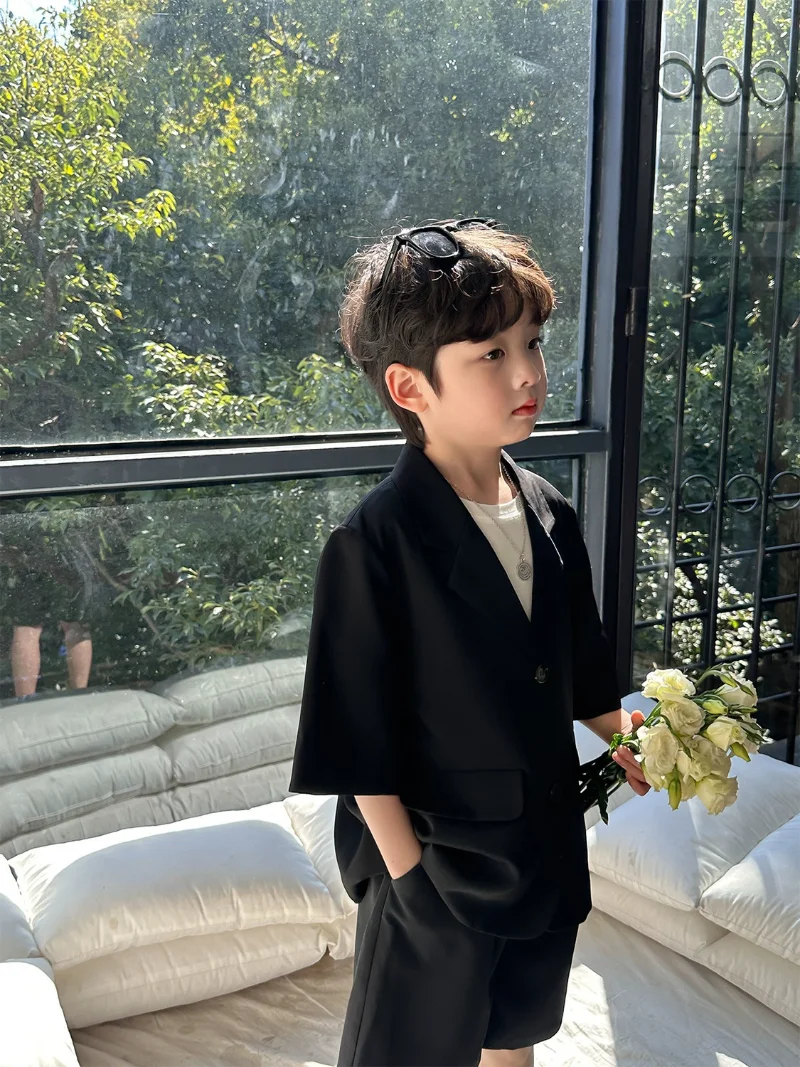 High Quality Boys' Blazer Suit Set Summer New Thin Casual  Baby Boy Single Breasted Korean Black Short Sleeve Coat+ Shorts 2pcs 6