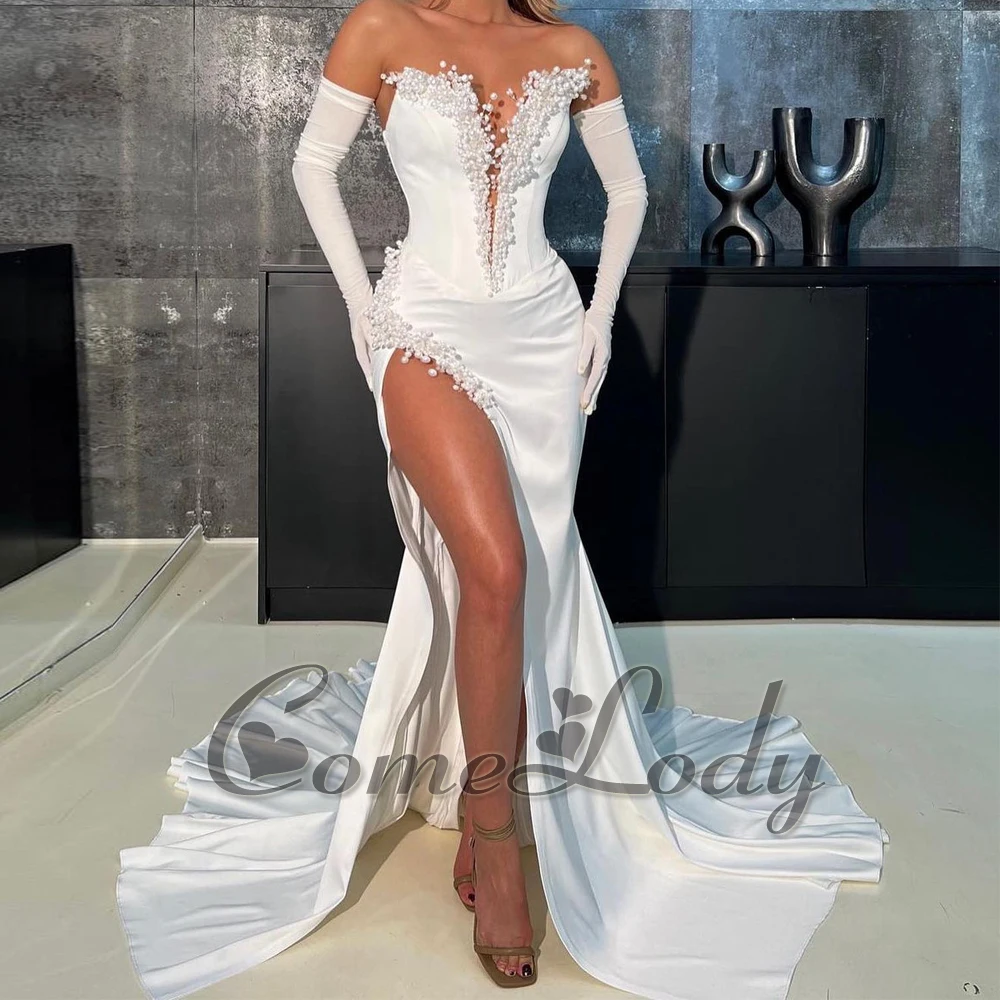 

Comelody Modern Satin Prom Dresses for Women Saudi Arabric High Slit Pearls Strapless V-neck Chapel Train Zipper Custom Made