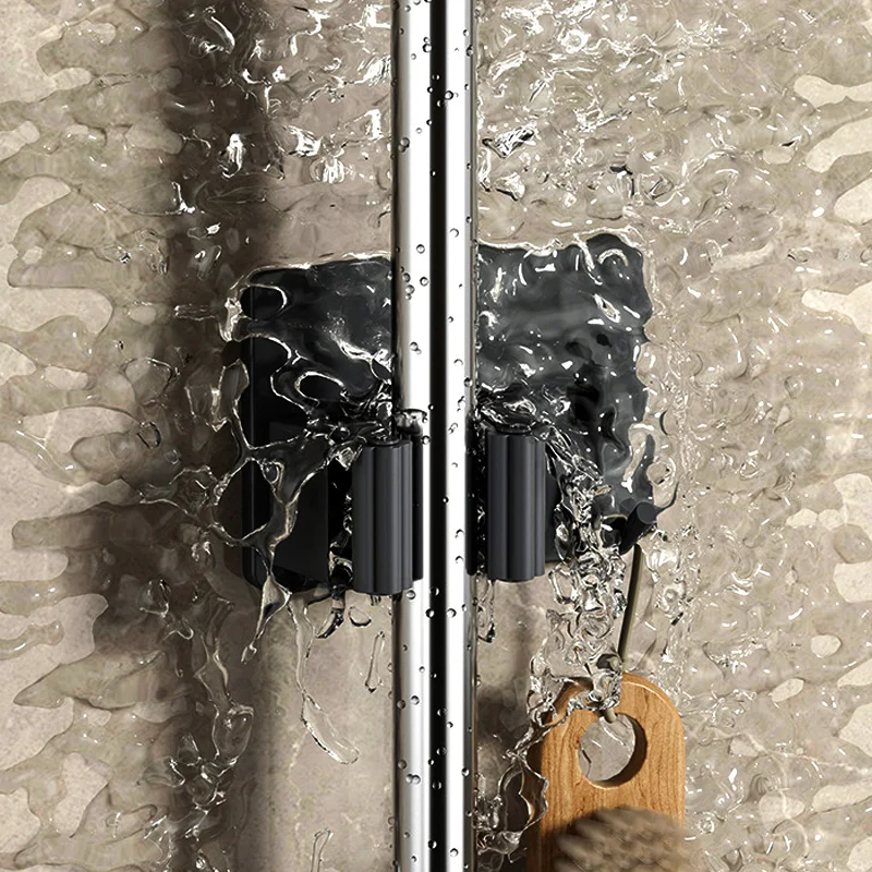 Stainless steel mop clip hook Bathroom mop stand perforation-free broom fixed hanger organizer