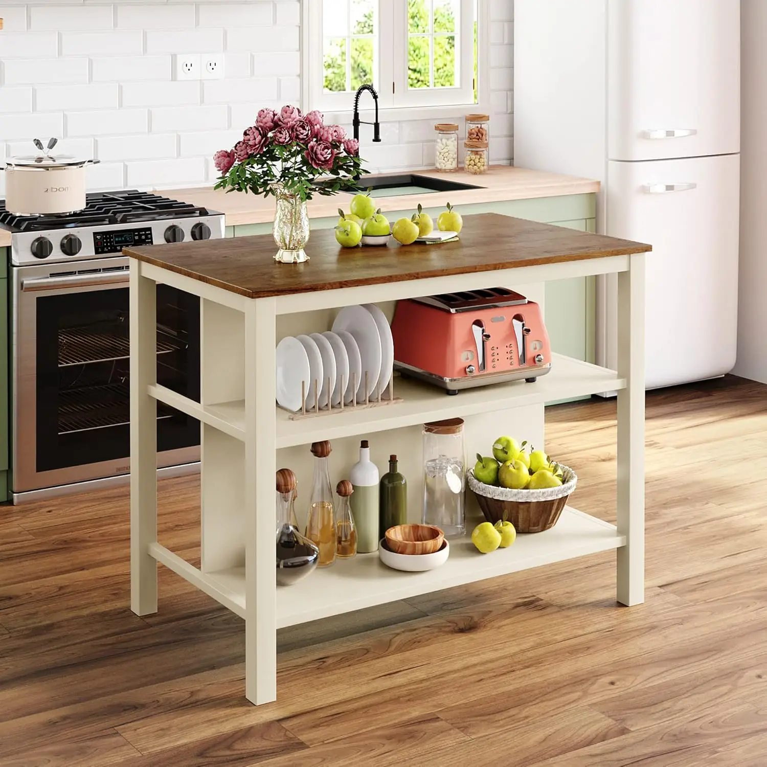 3-Piece Kitchen Island Set with 2 Stools and 2 Shelves, Rustic Rubber Wood Dining Set Prep Table with Open Shelves