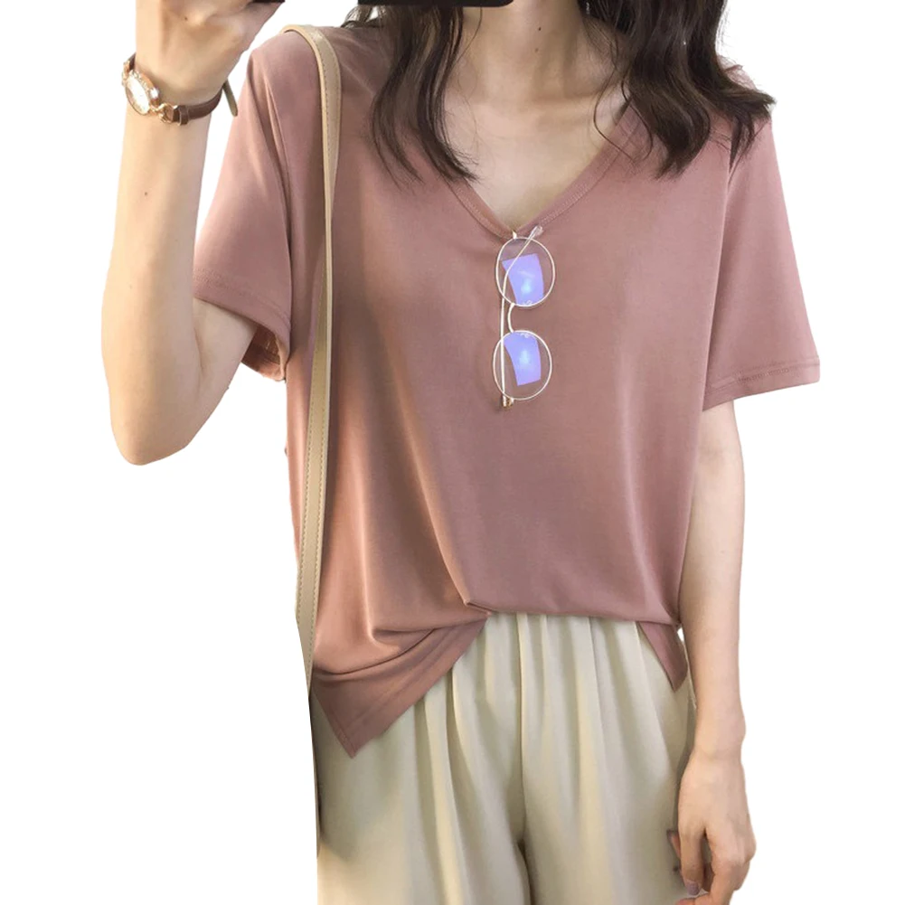 

Women Summer Short Sleeve T-shirt Pure Color V-neck Base Shirt Top Loose Leisure
