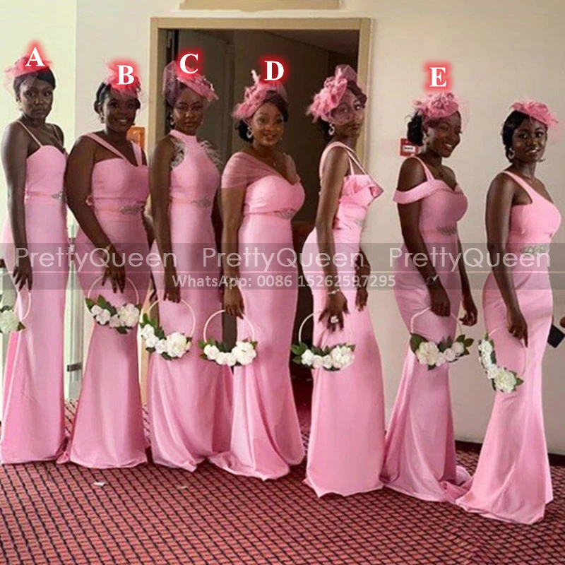 

Pink Long Bridesmaid Dresses Mermaid Beads Sash Off Shoulder Sheath Wedding Party Dress Maid Of Honor