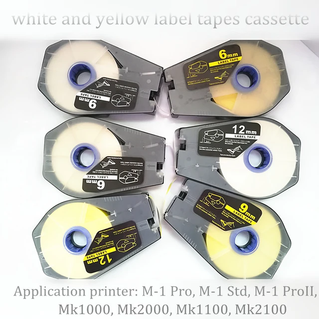Cassette d'étiquettes autocollante blanche et jaune, emballage mixte 6, 9,  12mm x 30m, pour imprimante câble ID M-1 Pro, M-1 Std, Mk1100, Mk2100 -  AliExpress