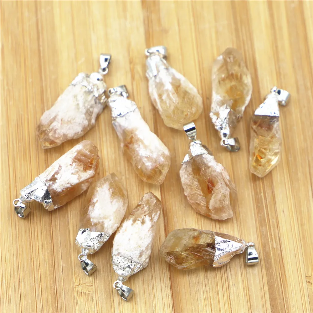 New Natural Stone Irregular Yellow Crystal Citrine Pendants Charms Silver Plated for Fashion Women Jewelry Necklace Making 12pcs