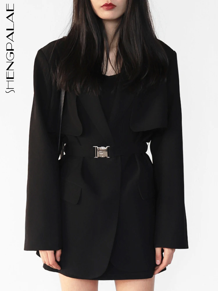 

SHENGPALAE Модные женские блейзеры с зубчатым воротником и металлическим лоскутным поясом, однотонный Повседневный свободный костюм, куртка, осень 2023, новинка 5R5090