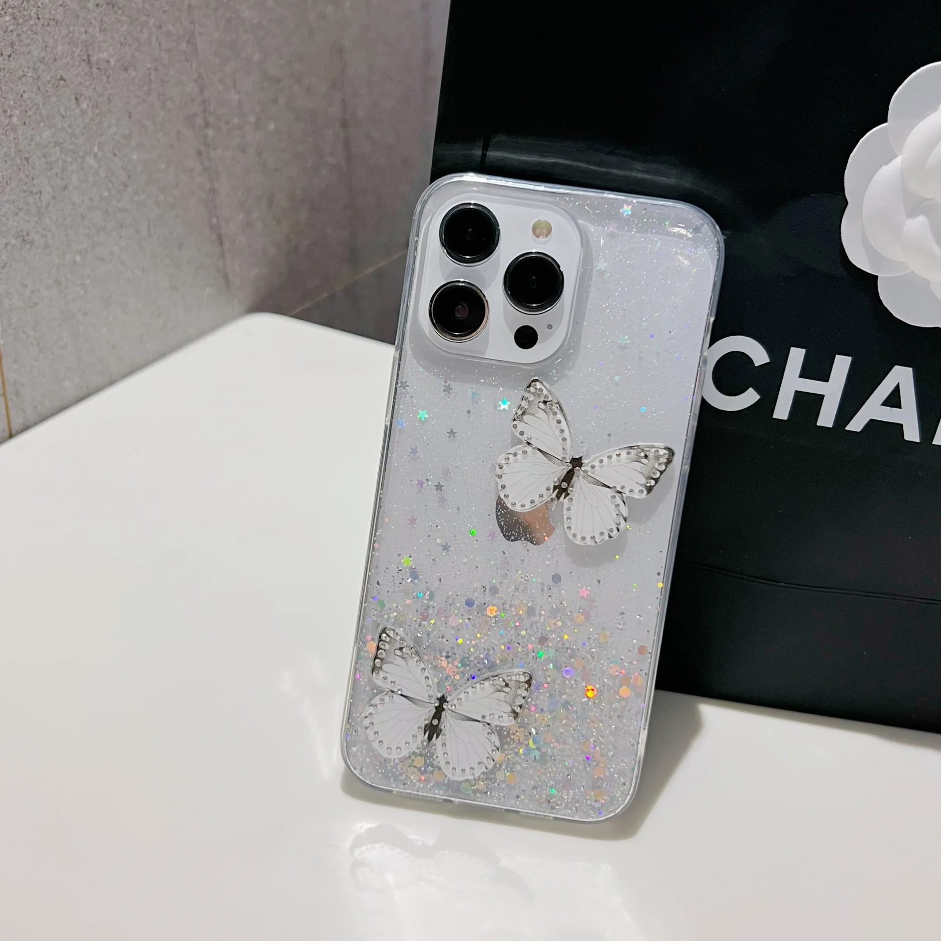 Vibrant Pink Butterfly & Starry Sky Semi-Transparent Shockproof Phone Case