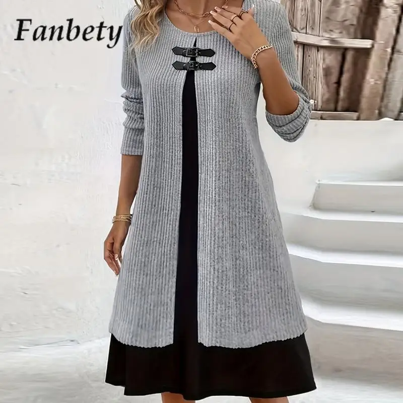 

Elegant Long Sleeve Spliced Fake Two-Piece Dress Women Button Ribbed Knitted Dress Fashion O-Neck Loose Versatile Pullover Dress