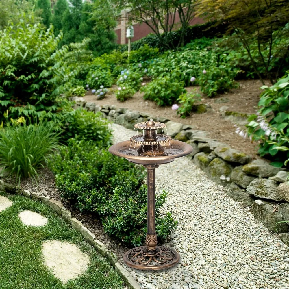 

Outdoor Floor 3-Tiered Pedestal Water Fountain with Bird Bath, Suitable for Garden, Patio, Yard, Vintage Waterfall, Bronze
