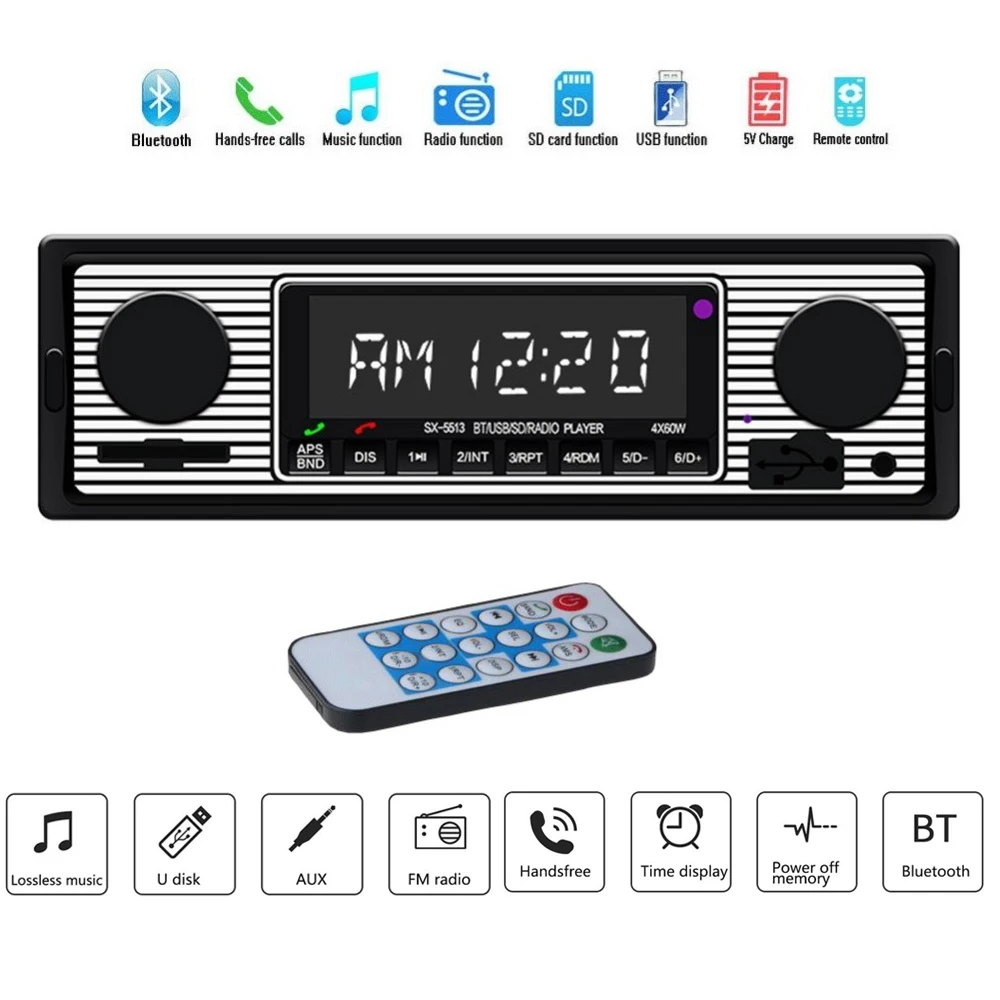 Auto Autoradio Bluetooth Car Stereo Audio Vintage Wireless Mp3 Multimedia Player Vivavoce Aux Usb/Sd Fm Audio Stereo Classico