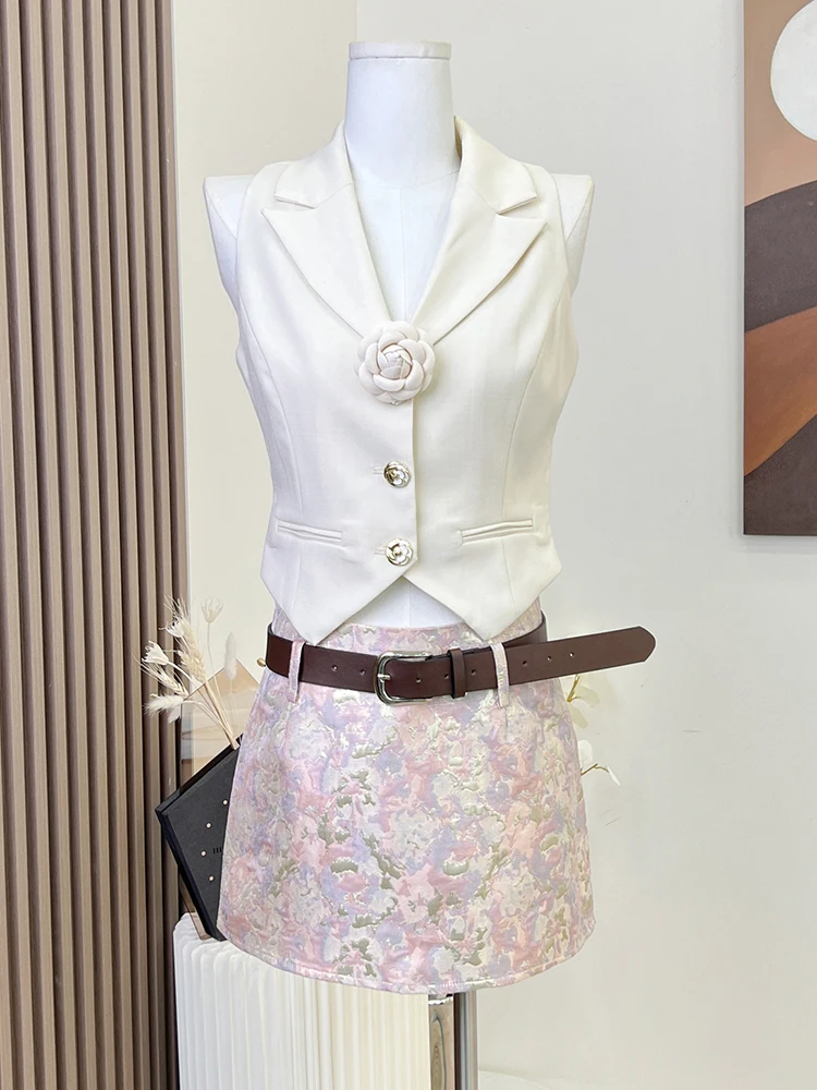 

French Women's Summer Notched Flowers Vest + High Waist Hip Wrap Print Skirt with Belt Two-piece Set Fashion Female Clothes