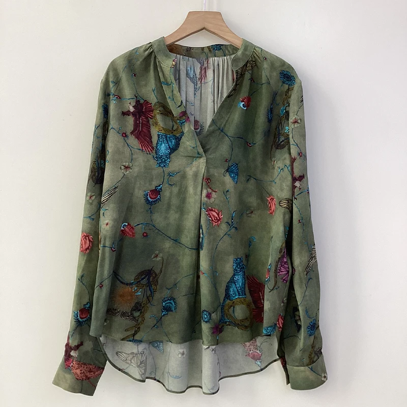 

Zadig Woman Casual Shirt Top Dark Green Summer Sexy Blouses Female Spring V-Neck Chic Butterfly Print Rayon Elegant Blouses Tops