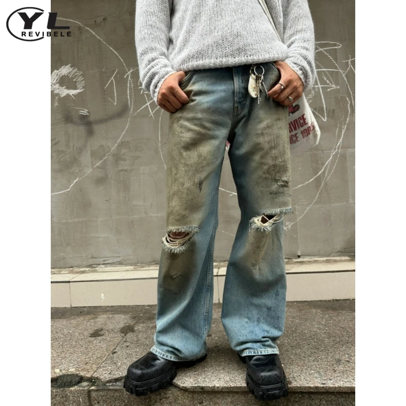 

Mud Dyed Hole Washed Jeans Men Harajuku High Street Baggy Wide Leg Straight Denim Pants Spring Gothic Distressed Jean Trousers