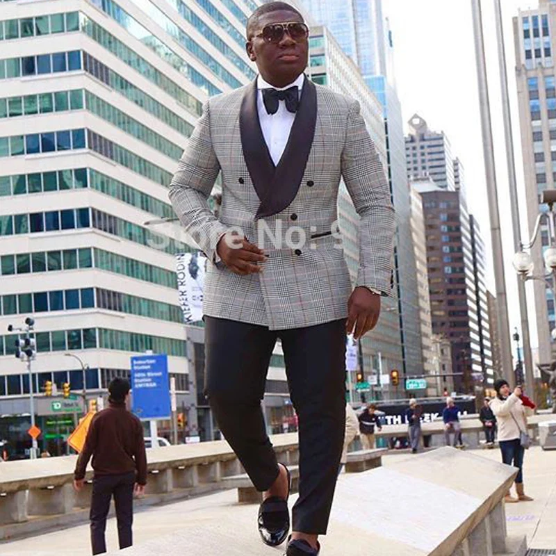 

Checkered Slim Fit Men Suits For Prom African Wedding Groom Tuxedo 2 Piece Plaid Man Set Blazer With Black Pant Fashion Clothes