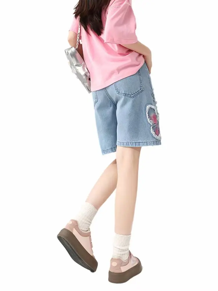 여성용 블루 데님 반바지, 90 년대 미적 무릎 길이 청바지, 2000 년대 빈티지 Y2k 카우보이 반바지, 하라주쿠 의류, 여름 2024