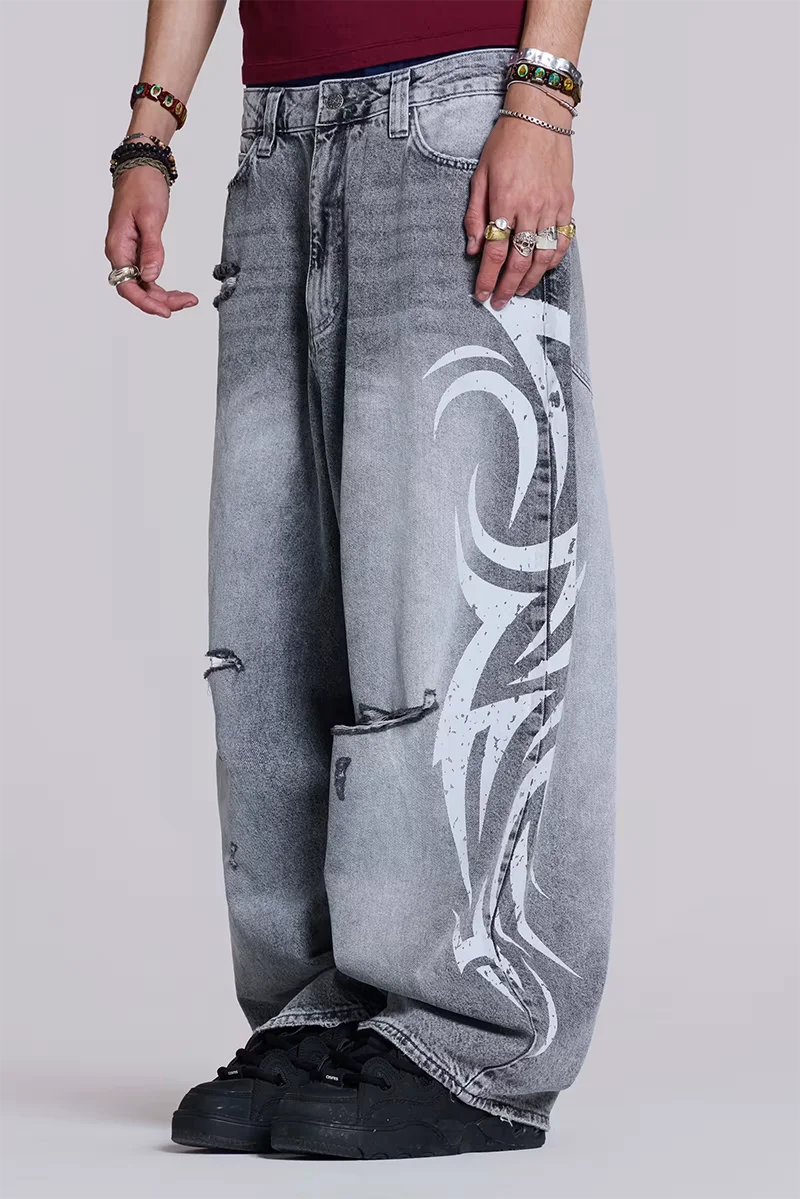 Streetwear Y2K Fashion Oversized Printed Washed Holes Baggy Jeans Men Harajuku Hip Hop Vintag Gothic High Waist Wide-leg Pants 4