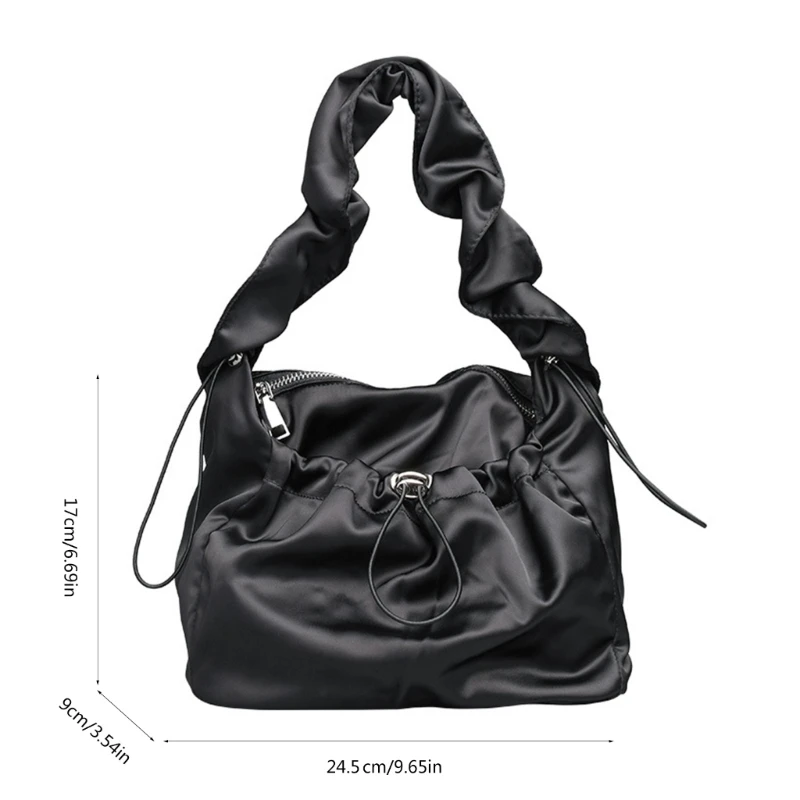Pleated Drawstrings Nylon Handbag for Women Ruched Shoulder Underarm Bag Purse E74B