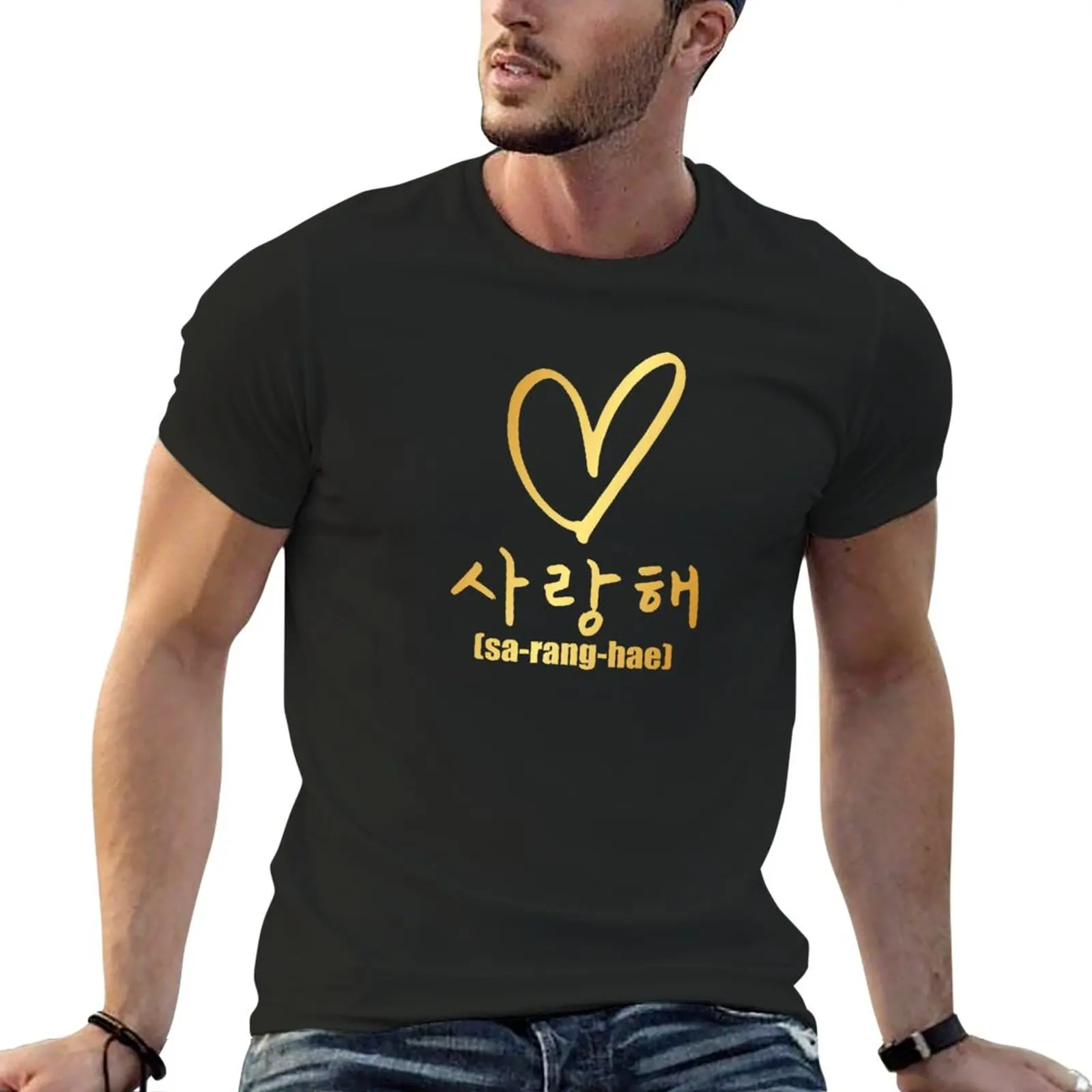 

Новая Корейская рубашка с сердцем Saranghae I Love You KPop, футболка, блузка, короткая мужская футболка, большие и высокие футболки
