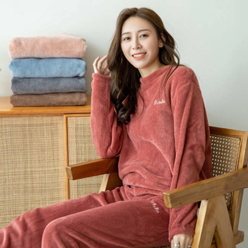 

Round Neck Women's Pajamas Nightwear Thicken Clothing Nightgown Sleepwear Suit Nightie Lounge Sets One Size Set Of Clothes