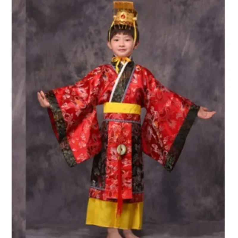Child Chinese Traditional Hanfu Dress Men Boys Emperor King Stage Red Clothing Children Costumes Tang Suit Kids Robe + hat sets