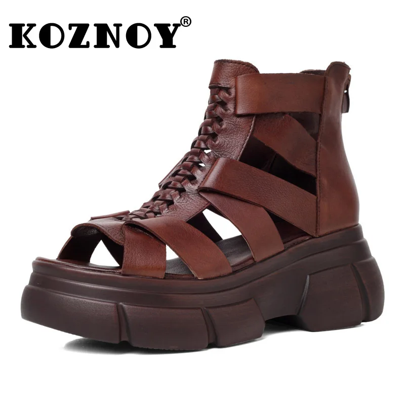 

Koznoy 6cm Genuine Leather Moccasins Fashion Summer Ankle Booties Sandals Hollow Motorcycle Peep Toe Boots Women Chimney Shoes