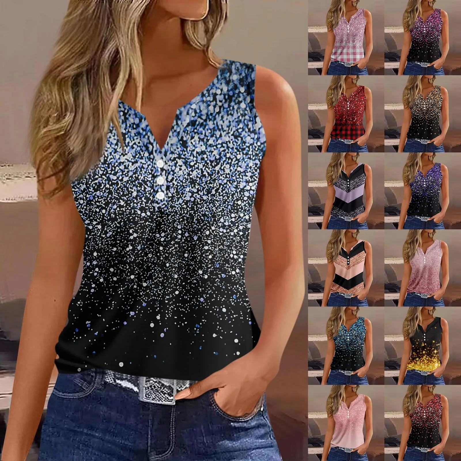 

Футболка женская с принтом, простая повседневная модная Базовая рубашка без рукавов, на пуговицах, простой облегающий топ с V-образным вырезом