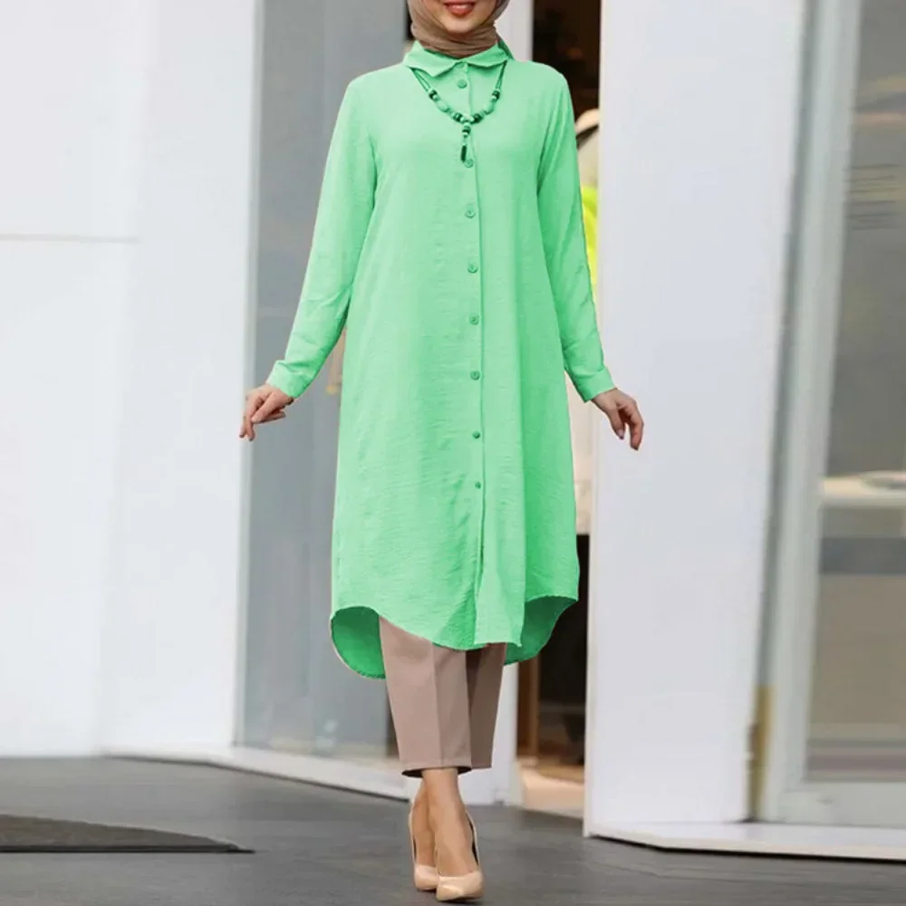 Muslim Solid Mid-Length Shirt Dress for Women Dubai Abaya Fashion Single-Breasted Long Shirt Top Turkey Arab Islam  Muslim Tops
