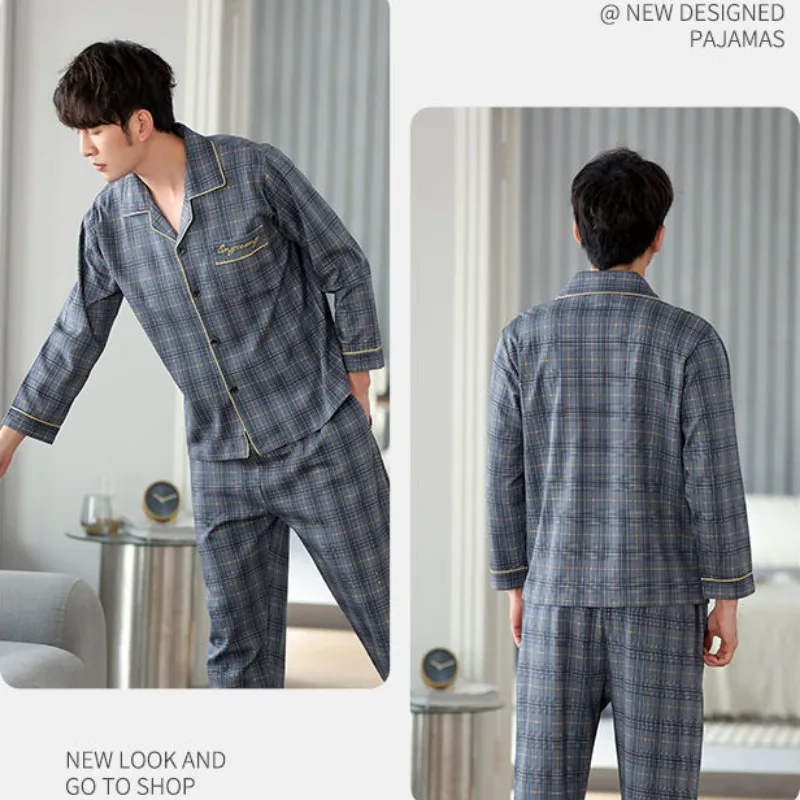 Youth 100% Pure Cotton Pajamas Set Men's Spring Autumn Long Sleeve Lapel Loungewear Outfit Boys Plus Larege Size Sleepwear Suits