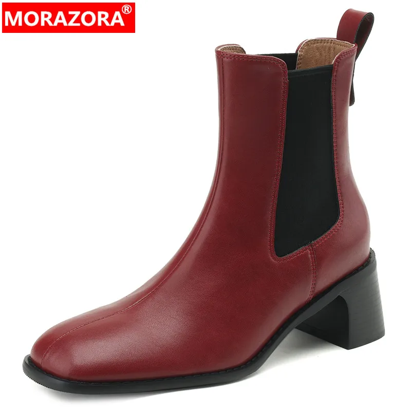 

MORAZORA 2024 New Mixed Colors Genuine Leather Autumn Winter Boots Square Med Heels Ankle Boots Slip On Chelsea Boots For Women