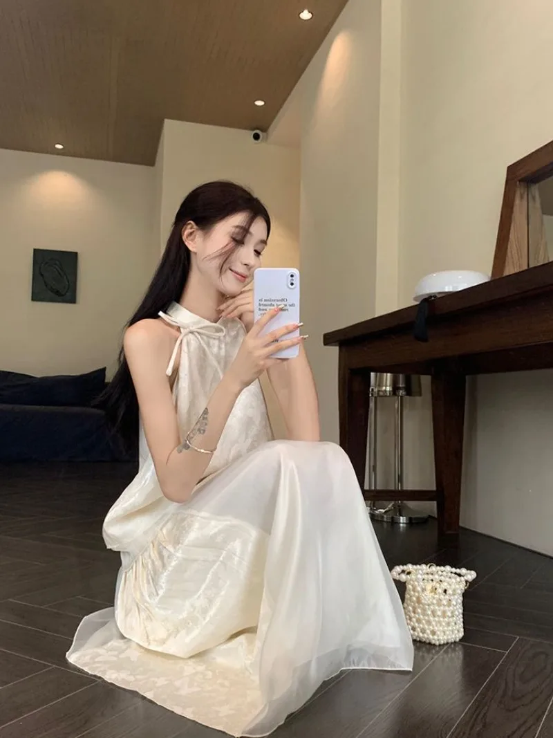 

Новинка, китайский топ без рукавов с бантом и вырезом, женская летняя новая сетчатая юбка, комплект из двух предметов, женская одежда