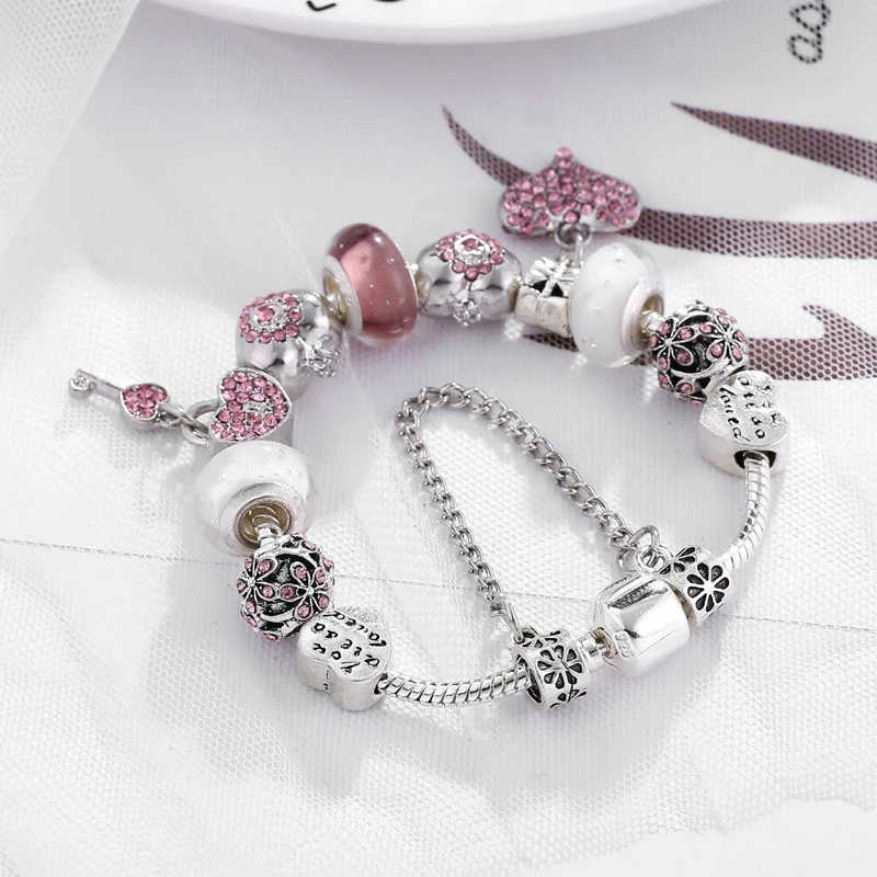 Bracelet Jewelry Crystal Heart Charm Bracelet For Women Silver Snake Chain