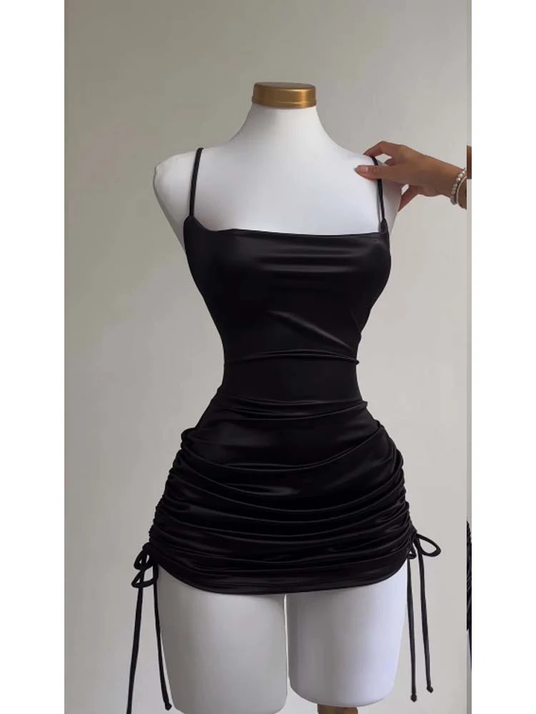 Sexy Satin Lace Up Bodycon Mini Dress Women Sleeveless Backless Party Club Dresses Streetwear Elegant Evening Clothes Black Robe 2