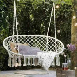 Double Hammock Chair Macrame Hanging Swing Chair Hanging Cotton Ropes, Metal Frame, 450 lbs Capacity Indoor Outdoor,Patio