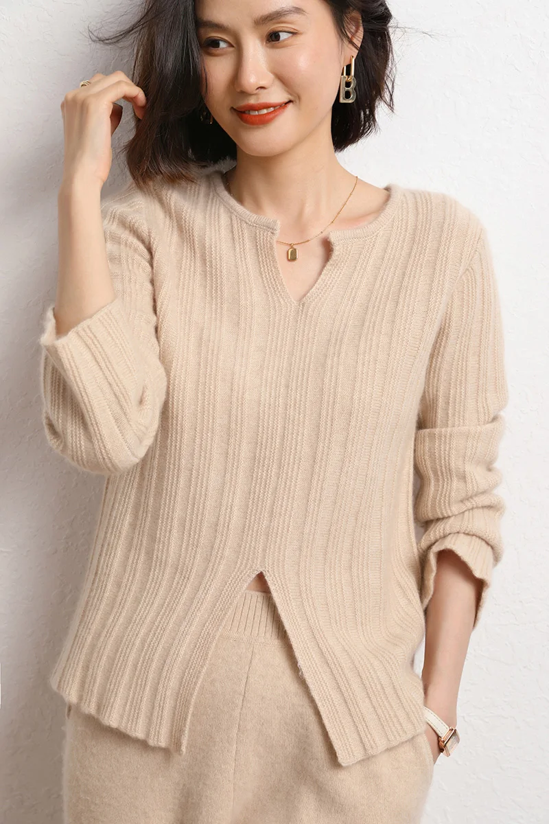 

2023 Women's Autumn and Winter New Thin Section Cashmere Knitwear with Irregular Slits