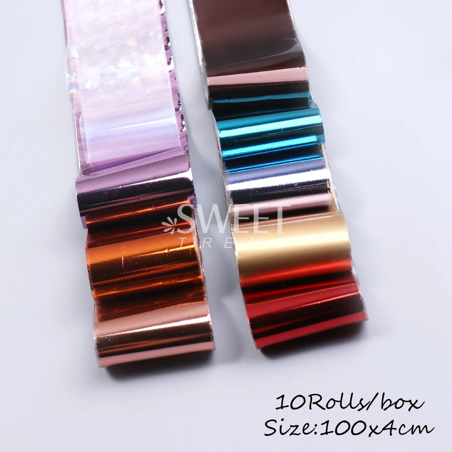 10 Roll/Box Metallic Mirror Nail Foils Holographic Gold Silver Champagne Transfer Stickers DIY Charm Starry Paper Manicure Decor